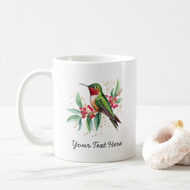 Personalized Watercolor Christmas Hummingbird Coffee Mug (With Donut)