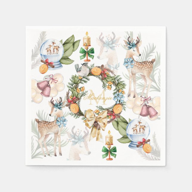Personalized Watercolor Christmas Napkins (Front)