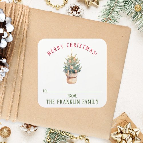 Personalized Watercolor Christmas Tree Gift Square Sticker