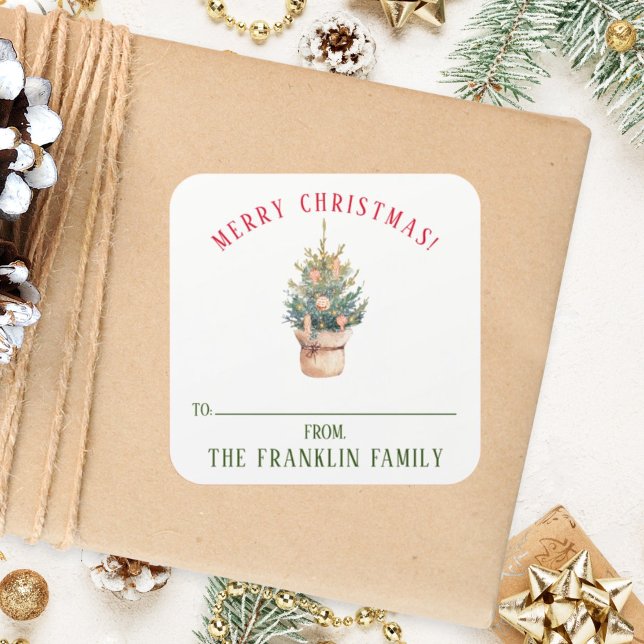Personalized Watercolor Christmas Tree Gift Square Sticker (Creator Uploaded)