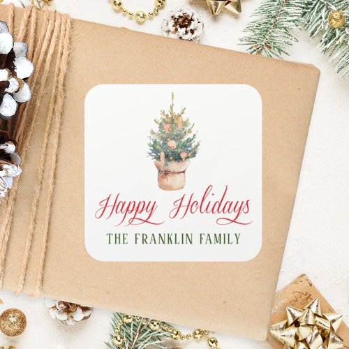 Personalized Watercolor Christmas Tree Gift Square Sticker