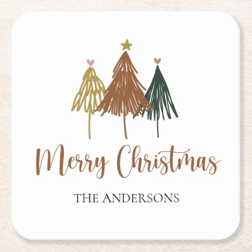 Personalized Watercolor Christmas Tree Square Paper Coaster