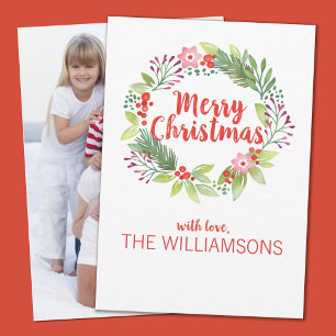 Personalized Watercolor Christmas Wreath Photo Holiday Card