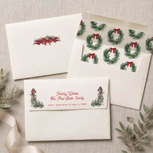 Personalized Watercolor Christmas Wreath Red Bow Envelope
