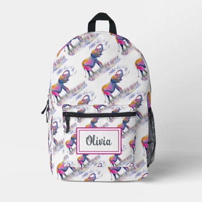 Personalized Watercolor Colorful Elephants Printed Backpack (Front)