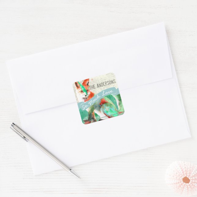 Personalized Watercolor Colorful Fox Barn Wood Square Sticker (Envelope)