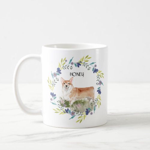 Personalized Watercolor Corgi and Spring Wreath Coffee Mug