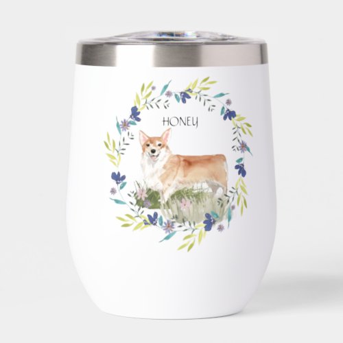 Personalized Watercolor Corgi and Spring Wreath Thermal Wine Tumbler