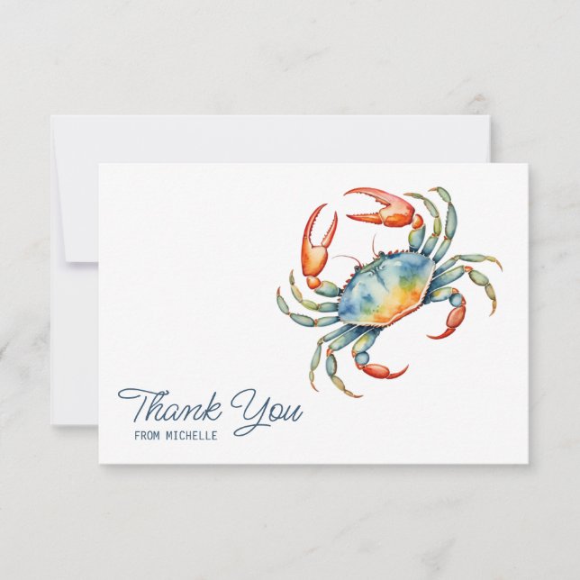Personalized Watercolor Crab Beach Thank You Cards (Front)