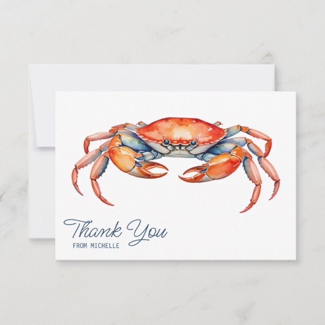 Personalized Watercolor Crab Beach Thank You Cards (Front)