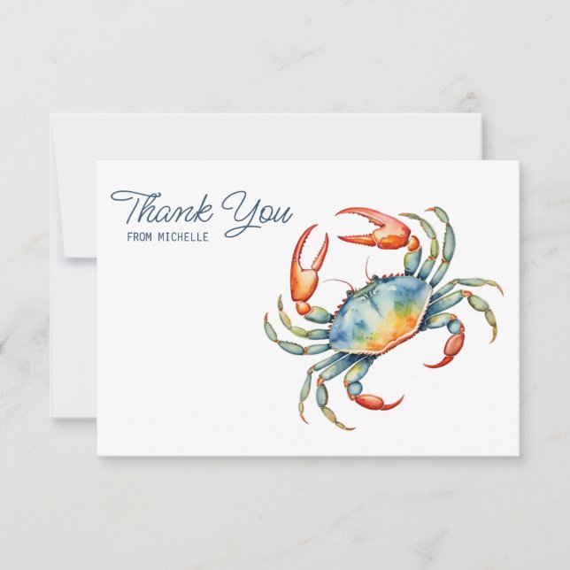 Personalized Watercolor Crab Beach Thank You Cards (Front)
