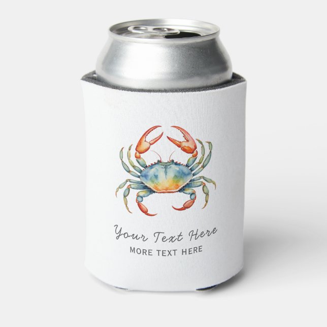 Personalized Watercolor Crab Summer Beach Nautical Can Cooler (Can Back)