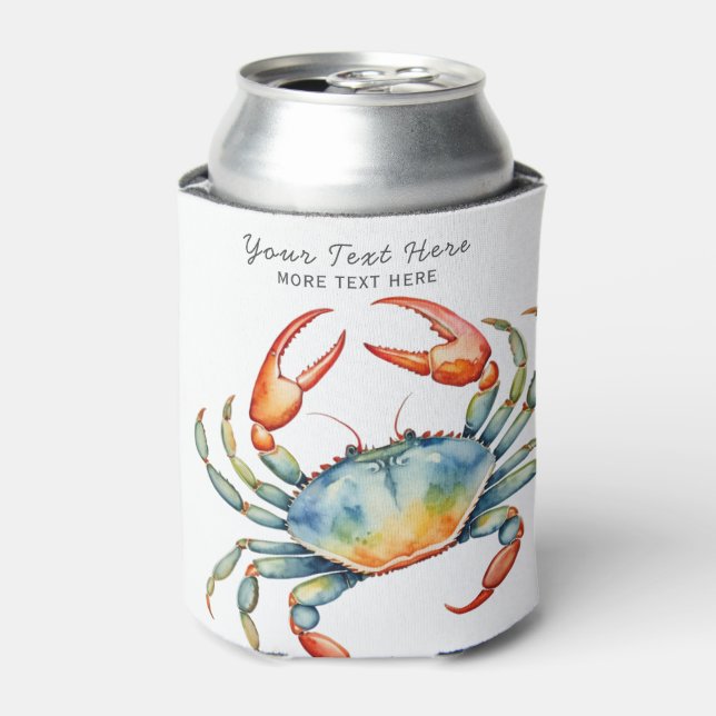 Personalized Watercolor Crab Summer Beach Nautical Can Cooler (Can Front)