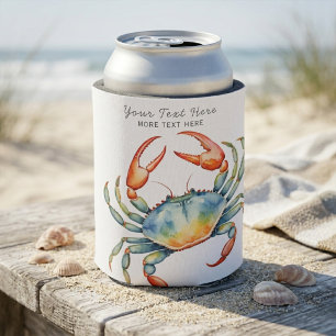 Personalized Watercolor Crab Summer Beach Nautical Can Cooler
