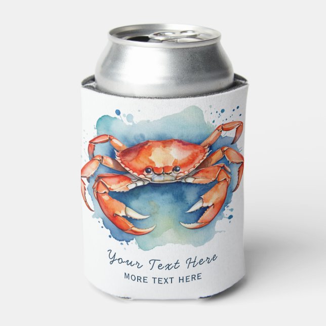 Personalized Watercolor Crab Summer Beach Nautical Can Cooler (Can Front)