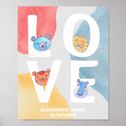 Personalized Watercolor Cute Animals Pastel Poster