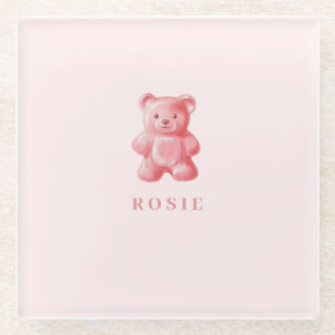 Personalized Watercolor Cute Pink Gummy Bear Glass Coaster