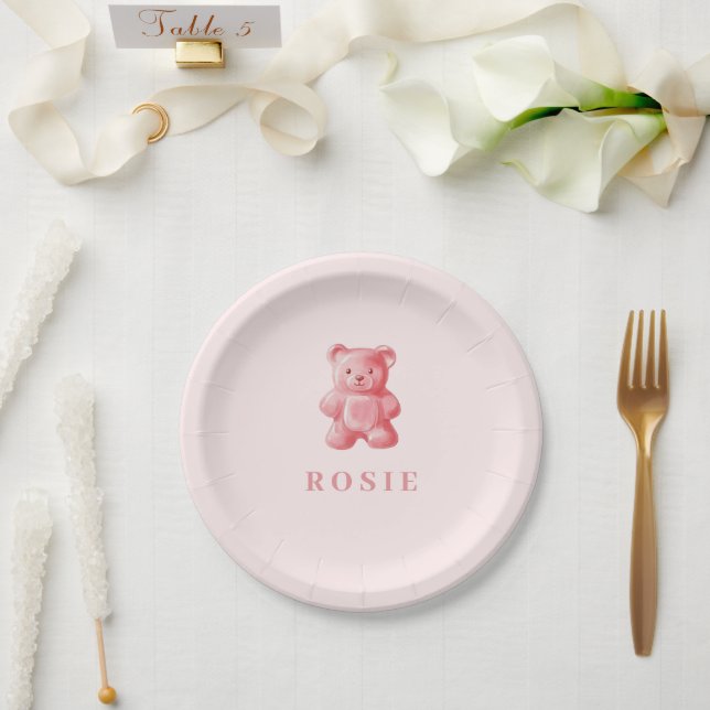 Personalized Watercolor Cute Pink Gummy Bear Paper Plates (Wedding)