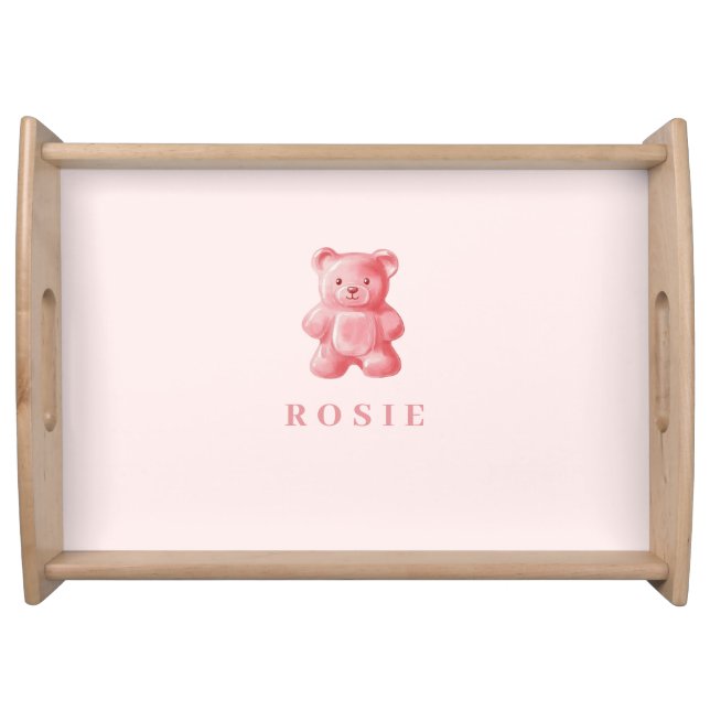 Personalized Watercolor Cute Pink Gummy Bear Serving Tray (Front)