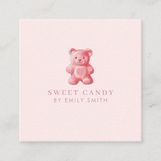 Personalized Watercolor Cute Pink Gummy Bear Square Business Card (Front)