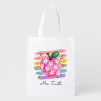 Personalized Watercolor Daisy Apple Grocery Bag