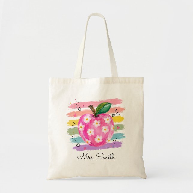 Personalized Watercolor Daisy Apple Tote Bag (Front)
