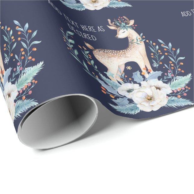 Personalized Watercolor Deer and Flowers Winter Bl Wrapping Paper (Roll Corner)