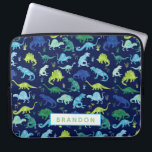 Personalized Watercolor Dinosaur Pattern Blue Kids Laptop Sleeve<br><div class="desc">Personalized Watercolor Dinosaur Pattern Blue Green Kids Laptop Case. Watercolor dinosaurs in green,  and blue on a dark blue background. Personalize with name. www.SamAnnDesigns.com</div>