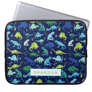 Personalized Watercolor Dinosaur Pattern Blue Kids Laptop Sleeve