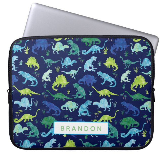 Personalized Watercolor Dinosaur Pattern Blue Kids Laptop Sleeve (Front)