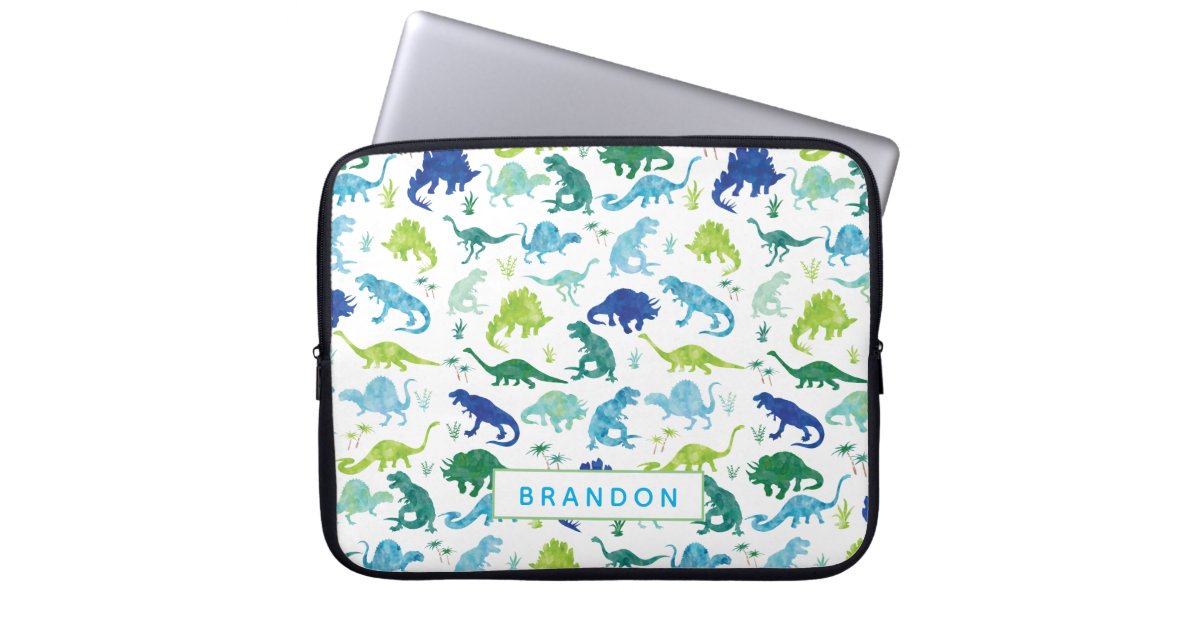 Personalized Watercolor Dinosaur Pattern Blue Kids Laptop Sleeve | Zazzle