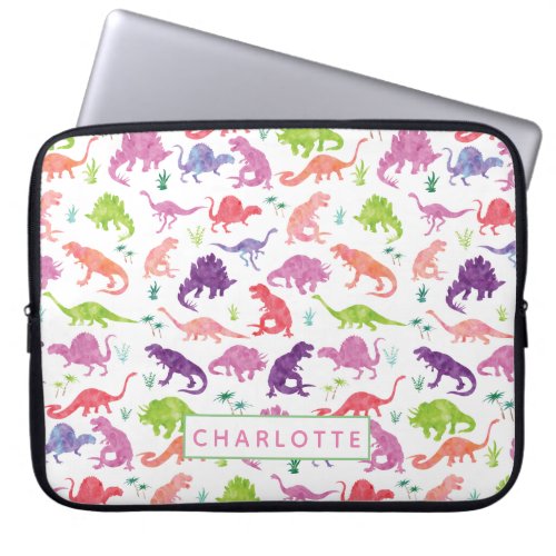 Personalized Watercolor Dinosaur Pattern Pink Kids Laptop Sleeve