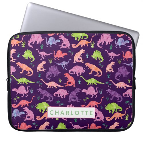 Personalized Watercolor Dinosaur Pattern Pink Kids Laptop Sleeve