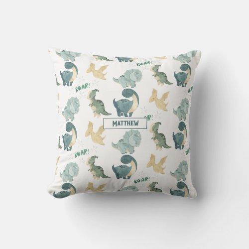 Personalized Watercolor Dinosaurs Throw Pillow