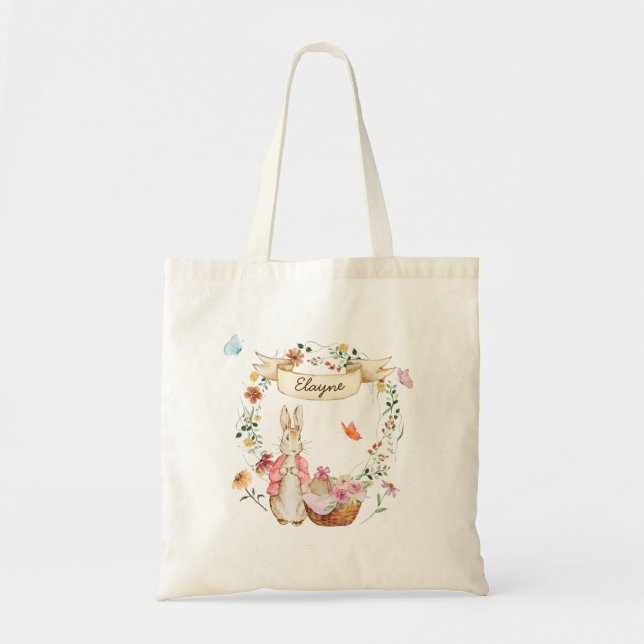 Personalized Watercolor Easter Bunny and Flowers Tote Bag (Front)