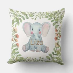 Personalized watercolor elephant greenery nursery throw pillow