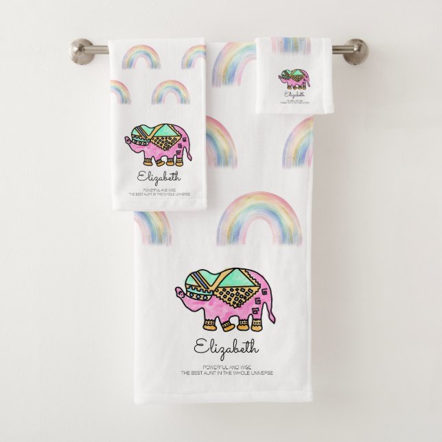 Personalized Watercolor Elephant Rainbow Bath Towel Set (Insitu)