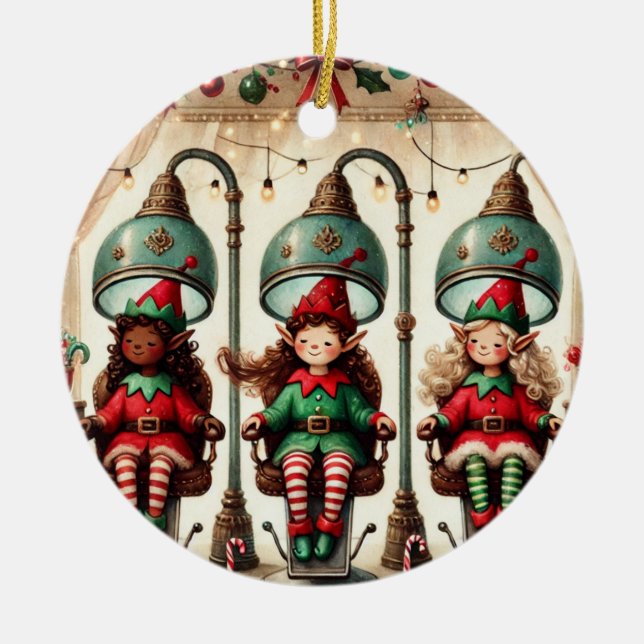 Personalized Watercolor Elves Getting Hair Done Ceramic Ornament (Front)