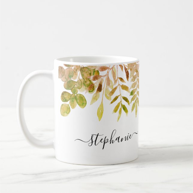 Personalized Watercolor Fall Autumn Foliage Coffee Mug (Left)