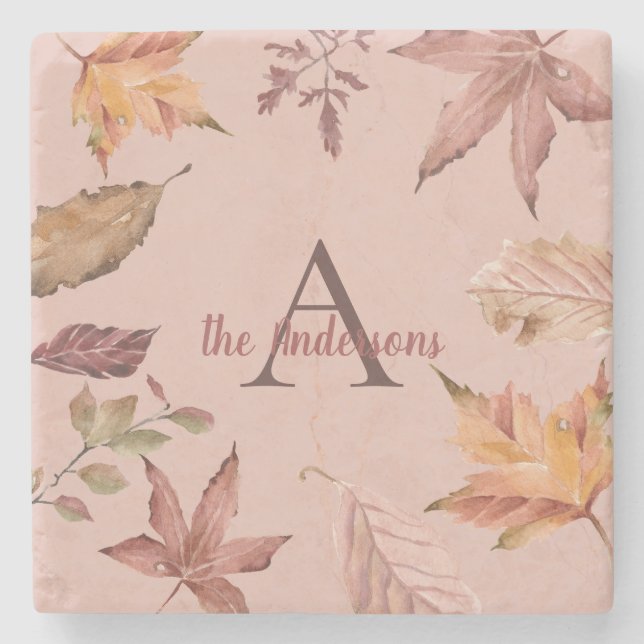Personalized Watercolor Fall Leaves Stone Coaster (Front)