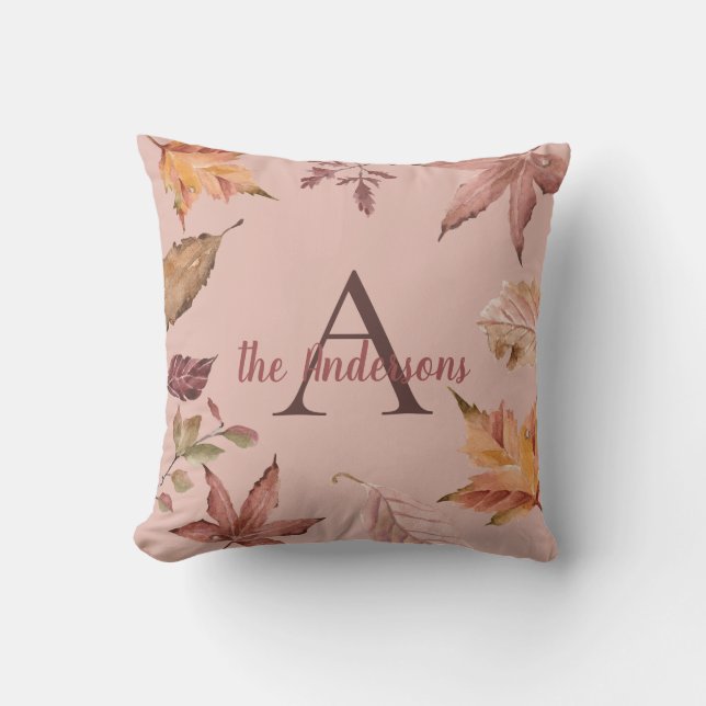 Personalized Watercolor Fall Leaves Throw Pillow (Front)