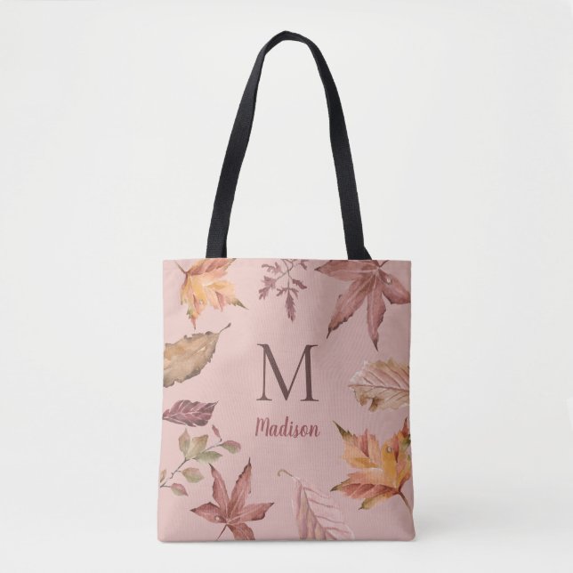Personalized Watercolor Fall Leaves Tote Bag (Front)