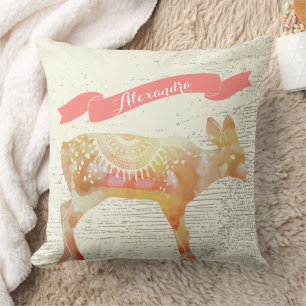 Personalized Watercolor Fawn Apricot Banner Throw Pillow