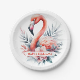 Personalized Watercolor Flamingo Birthday Paper Plates