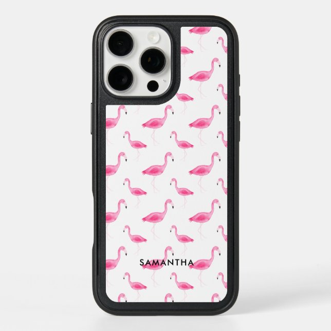 Personalized Watercolor Flamingo Otterbox iPhone Case (Back)