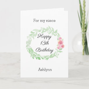 Personalized Watercolor Floral 13th Birthday Niece Card