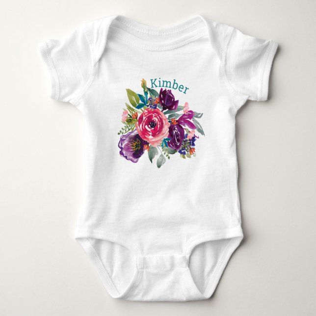 Personalized Watercolor Floral Baby Bodysuit (Front)