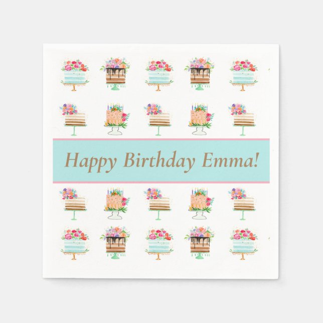 Personalized Watercolor Floral Birthday Cake Napkins (Front)
