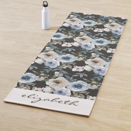 Personalized Watercolor Floral Blue Ivory Gray Yoga Mat