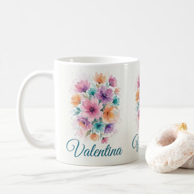 Personalized Watercolor Floral Bouquet Name Coffee Mug (With Donut)